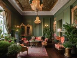 The garden room showcases Russian Revival interior design with ornate furnishings, lush plants, and traditional decor that bring sophistication and beauty to indoor gardening.  