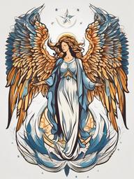Angel with Tattoo-Celebrating the divine with an angelic figure in a tattoo, expressing a connection to heavenly realms and the ethereal.  simple vector color tattoo