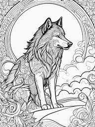 Wolf Coloring Pages - Wolf surrounded by swirling clouds and stars  simple coloring pages