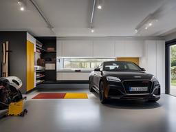 The garage features Bauhaus interior design with organized storage solutions, a minimalist aesthetic, and a practical layout that makes the space both functional and visually appealing.  