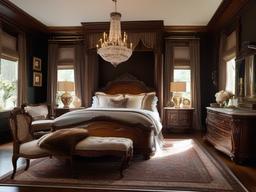 Victorian master bedroom embodies classic elegance with intricate wooden furniture, vintage textiles, and luxurious accents for a sophisticated feel.  