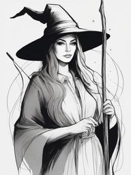 drawing of a witch holding a magical staff  minimal rough sketch scribbles,doodles,black and white