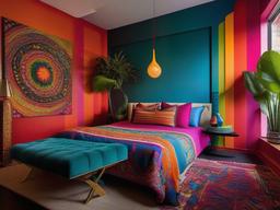 In the guest bedroom, psychedelic interior design offers a cozy atmosphere with vibrant textiles, eclectic furnishings, and unique art pieces that ensure a memorable stay for visitors.  