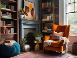 In the reading nook, maximalist interior design highlights a cozy chair, a mix of colorful throws, and lively decor that create a perfect space for enjoying books and reflection.  