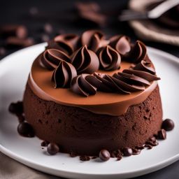 an indulgent chocolate mousse, velvety and rich, garnished with chocolate curls. 