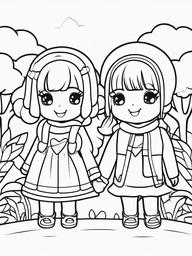 Kawaii Friendship Coloring Pages - Cute Friends Sharing Smiles Together  minimal black outline printable sheet, coloring page