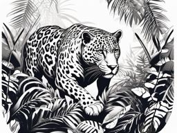 Jaguar Tattoo - Fierce jaguar lurking in the jungle shadows  few color tattoo design, simple line art, design clean white background