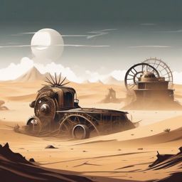 Apocalyptic steampunk desert with sandstorms and remnants of ancient machinery  minimalist design, white background, professional color logo vector art