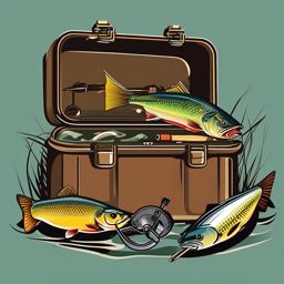 Fishing Rod and Tackle Box Clipart - A fishing rod and a tackle box filled with lures.  color vector clipart, minimal style