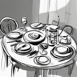 drawing of a table set for dinner  minimal rough sketch scribbles,doodles,black and white