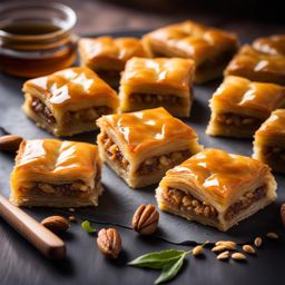 turkish baklava, layers of filo pastry filled with nuts and honey syrup (popular in asia minor). 