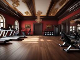 In the gym room, Italian Renaissance interior design includes classical motifs, elegant decor, and rich colors that create a motivational and inspiring environment for workouts.  