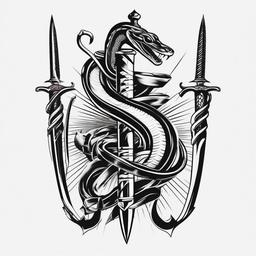 Snake on Dagger Tattoo - Tattoo featuring a snake coiled around a dagger.  simple vector tattoo,minimalist,white background