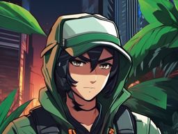 Vigilante hero character in an urban jungle.  front facing ,centered portrait shot, cute anime color style, pfp, full face visible