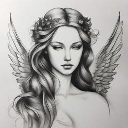 pencil drawing of angel  minimal rough sketch scribbles,doodles,black and white