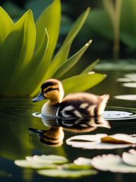 duckling swimming in a serene pond surrounded by water lilies 8k ultrarealistic cinematic 