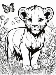 Lion Coloring Pages - Lion cub playing with butterflies in a meadow  simple coloring pages