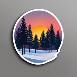 Sunset through snowy trees sticker- Winter silhouettes, , sticker vector art, minimalist design