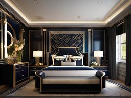 Art Deco bedroom includes bold wallpaper, streamlined furniture, and plush textiles for a touch of glamour without excessive ornamentation.  