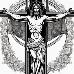 Jesus on the crucifix tattoo: A powerful Catholic symbol of sacrifice.  black white tattoo, white background