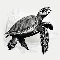 drawing of a sea turtle with a seaweed  minimal rough sketch scribbles,doodles,black and white