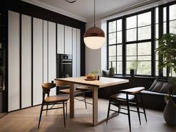 Bauhaus dining nook incorporates a simple geometric table, minimalist chairs, and industrial lighting, offering a compact yet functional space for casual meals.  