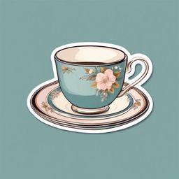 Teacup Sticker - Delicate teacup with a saucer, ,vector color sticker art,minimal