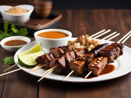 indonesian sate sampler - skewers of marinated and grilled meats with peanut sauce. 