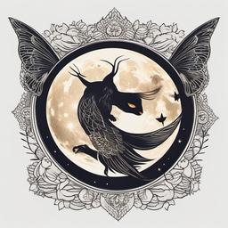 Moon and Moth Tattoo - Capture the mystical connection between the moon and a moth in a tattoo design that symbolizes transformation and nocturnal beauty.  simple vector color tattoo, minimal, white background