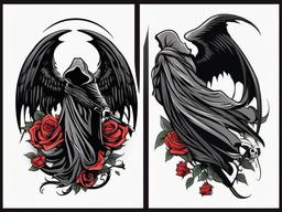 Angel Grim Reaper Tattoo-Bold and contrasting tattoo featuring both an angel and a Grim Reaper, capturing themes of life and death.  simple color vector tattoo