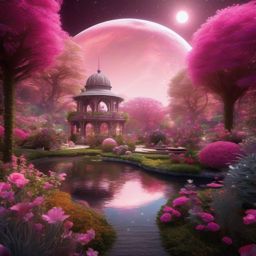 Magical Garden on a Habitable Moon Pink Space Background intricate details, patterns, wallpaper photo