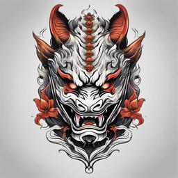 Oni Mask Koi Fish Tattoo - Tattoo blending the fearsome Oni mask with the strength and beauty of a Koi fish.  simple color tattoo,white background,minimal