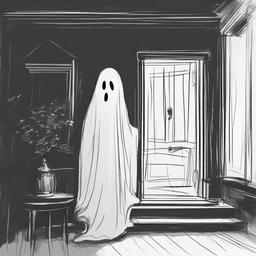 drawing of a ghost in a house  minimal rough sketch scribbles,doodles,black and white