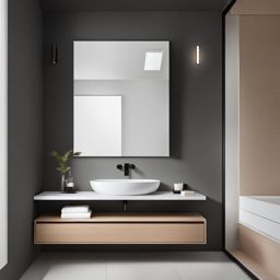 minimalist bathroom with a floating vanity and sleek fixtures. 