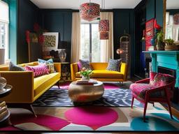 Eclectic living room combines mismatched furniture, vibrant colors, and bold patterns to create a playful and creative environment.  