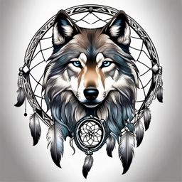 Dream Catcher Tattoo with Wolf,dreamcatcher united with a wolf in a tattoo, protector of dreams and guardian of the wild. , color tattoo design, white clean background