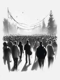 drawing of a crowd at a festival  minimal rough sketch scribbles,doodles,black and white