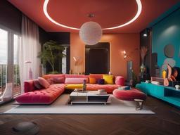 Surrealist interior design in the living room features unconventional furniture arrangements, dreamlike decor, and vibrant colors that create an imaginative and whimsical atmosphere.  