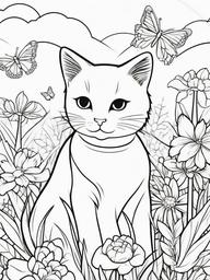 Kitty with Butterflies and Flowers Coloring Pages - Playful Kitten Surrounded by Nature  minimal black outline printable sheet, coloring page