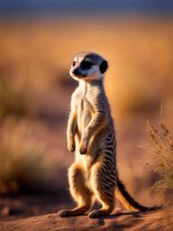 adorable meerkat pup standing on its hind legs to survey the savanna. 