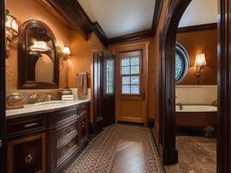 In the guest bathroom, Russian Revival interior design features luxurious fixtures, elegant finishes, and tasteful decor that create a welcoming atmosphere for visitors.  