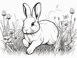 Rabbit Tattoo - Fluffy rabbit hopping through a meadow, representing innocence  few color tattoo design, simple line art, design clean white background