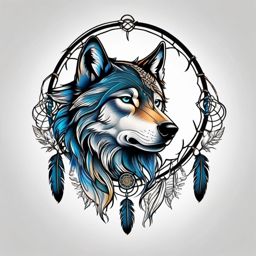 Wolf Dreamcatcher Tattoo,dreamcatcher entwined with a wolf, symbol of protection and warding off nightmares. , color tattoo design, white clean background