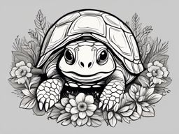 Turtle Cute - Nestled in a field of flowers, the cute turtle gazes up with wide eyes, radiating innocence and charm.  vector art, clipart, minimal