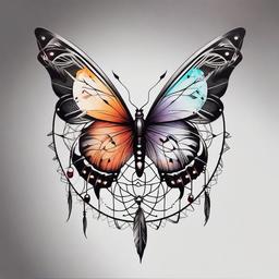 butterfly and dreamcatcher tattoo  simple color tattoo, minimal, white background