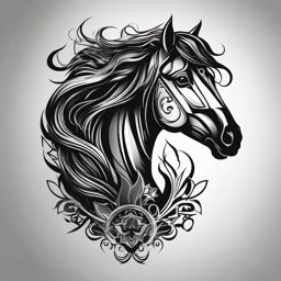 Dark Horse Tattoo-Fierce and mysterious dark horse tattoo, symbolizing strength and resilience. Colored tattoo designs, minimalist, white background.  color tattoo style, minimalist, white background