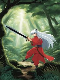 inuyasha draws the tessaiga sword to face a formidable demon in a mystical forest. 