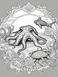 Octopus Coloring Pages - Octopus swimming with a sea turtle  simple coloring pages