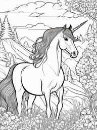 Unicorn Fairy Tale Coloring Pages - Storybook Unicorn in a Magical World  minimal black outline printable sheet, coloring page