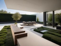 Bauhaus garden room features minimalist outdoor furniture, functional planters, and sleek architectural lines, creating a harmonious blend of nature and modern design.  